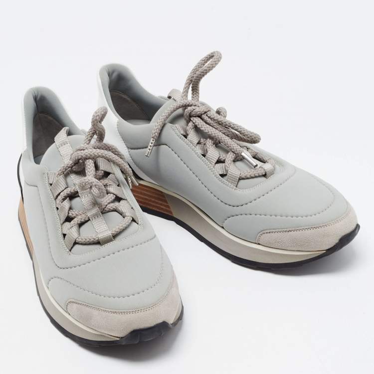 Pre Owned Hermes Grey/White Leather and Fabric Buster Sneakers Size 38