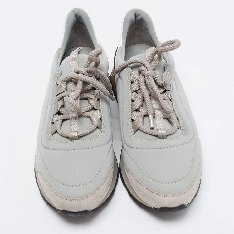 Pre Owned Hermes Grey/White Leather and Fabric Buster Sneakers Size 38