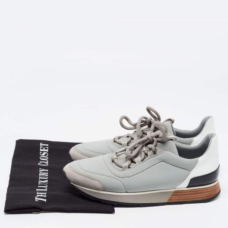 Pre Owned Hermes Grey/White Leather and Fabric Buster Sneakers Size 38