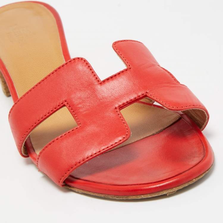Pre Owned Hermes Red Leather Oasis Slides Size 38.5  