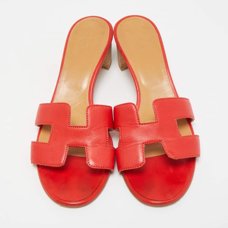 Pre Owned Hermes Red Leather Oasis Slides Size 38.5  