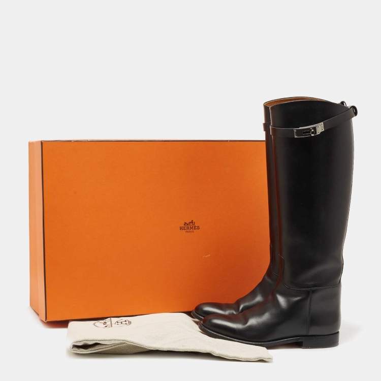 Pre Owned Hermes Black Leather H Jumping Knee Length Boots Size 37