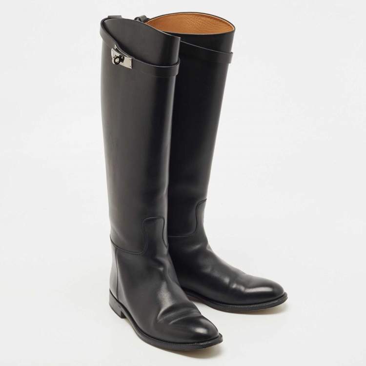 Pre Owned Hermes Black Leather H Jumping Knee Length Boots Size 37