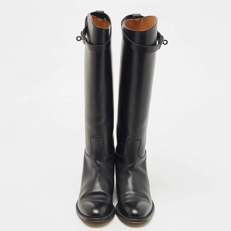 Pre Owned Hermes Black Leather H Jumping Knee Length Boots Size 37