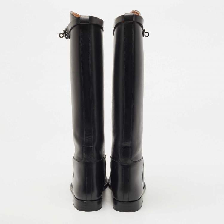 Pre Owned Hermes Black Leather H Jumping Knee Length Boots Size 37