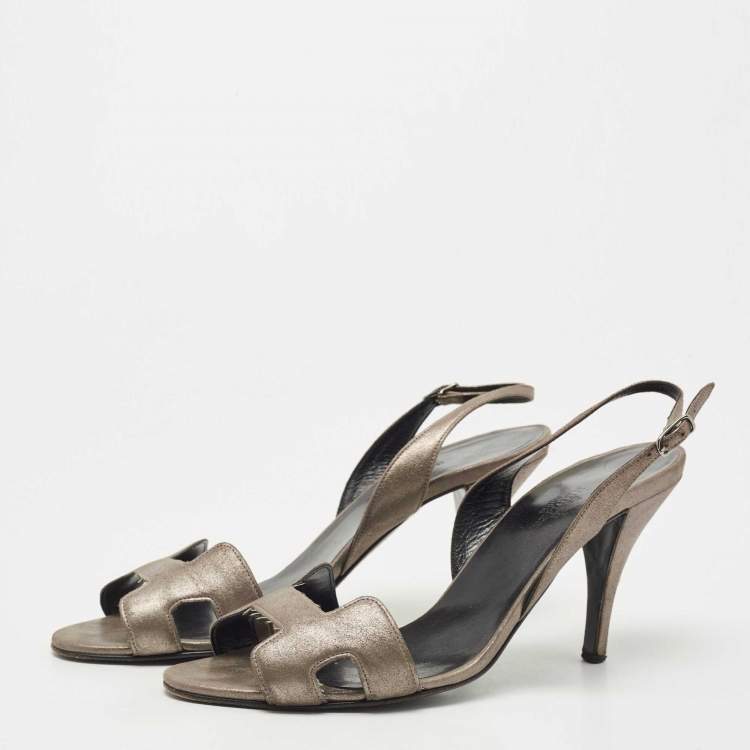 مملوكة مسبقًا Hermes Metallic Leather Night Ankle Strap Sandals Size 38
