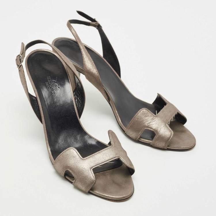 مملوكة مسبقًا Hermes Metallic Leather Night Ankle Strap Sandals Size 38