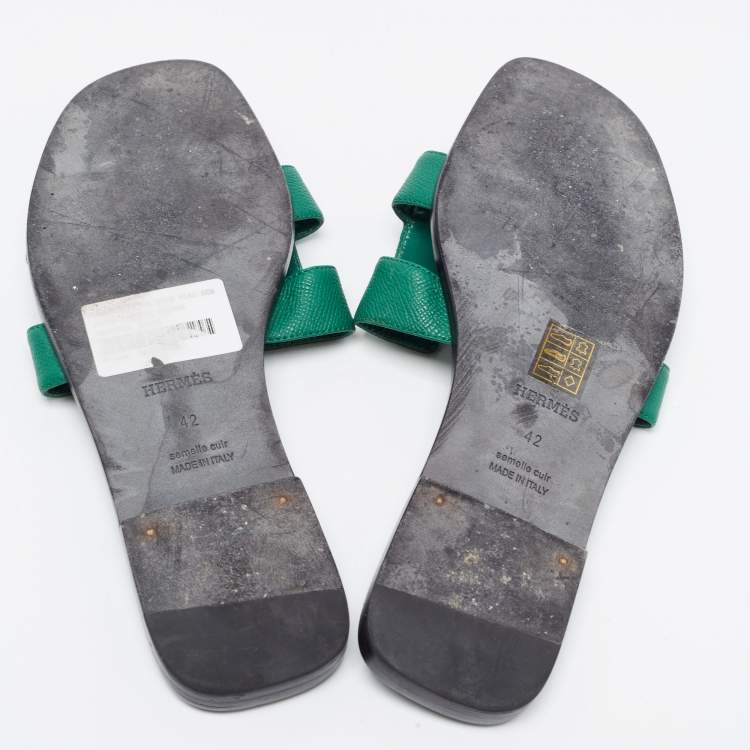 Pre Owned Hermes Green Leather Oran Flat Slides Size 42