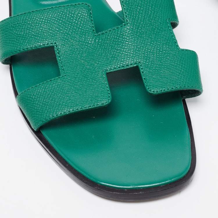 Pre Owned Hermes Green Leather Oran Flat Slides Size 42