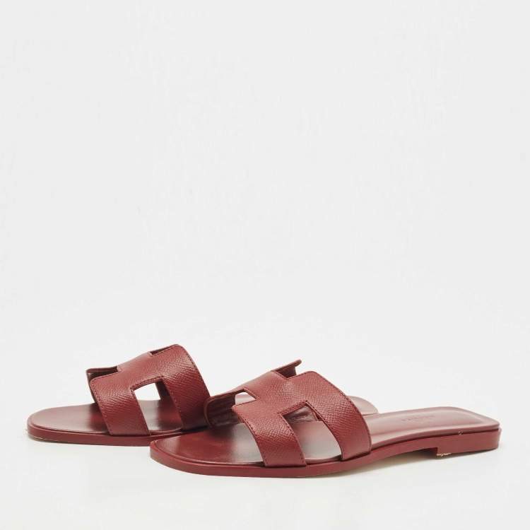 Pre Owned Hermes Burgundy Leather Oran Flat Slides Size 38
