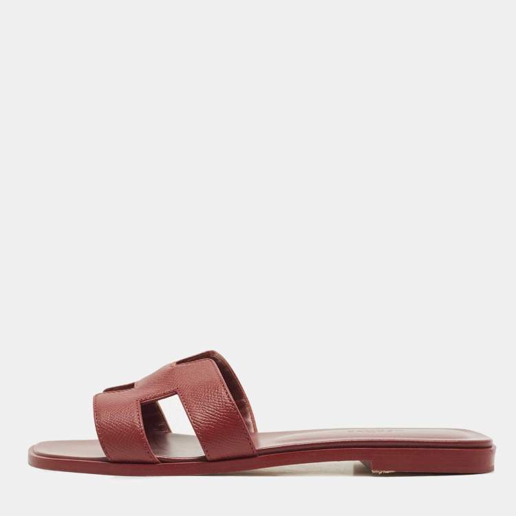 Pre Owned Hermes Burgundy Leather Oran Flat Slides Size 38