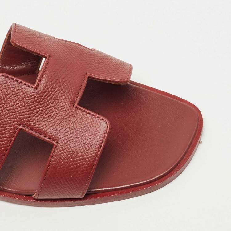 Pre Owned Hermes Burgundy Leather Oran Flat Slides Size 38