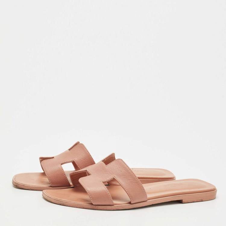 Pre Owned Hermes Pink Leather Oran Flat Slides Size 38