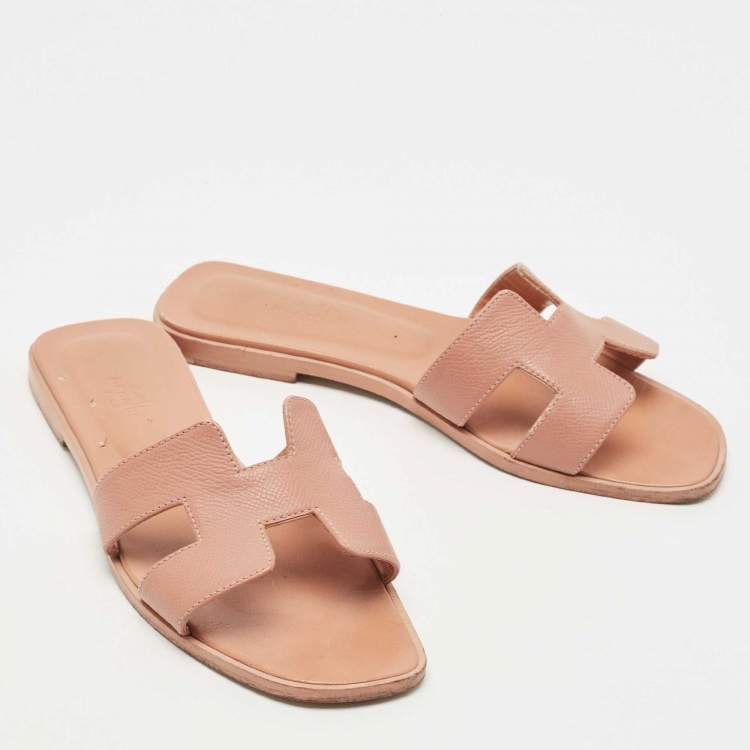 Pre Owned Hermes Pink Leather Oran Flat Slides Size 38