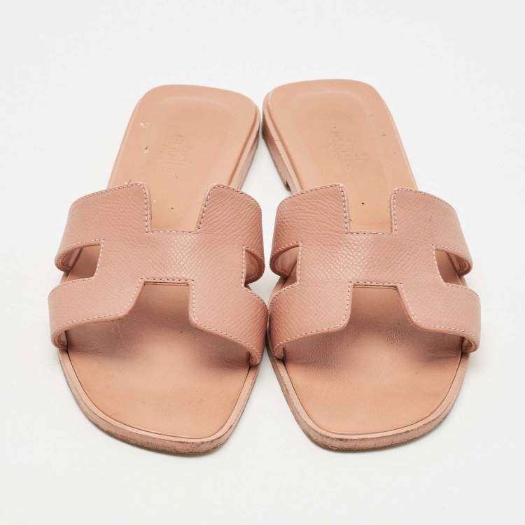Pre Owned Hermes Pink Leather Oran Flat Slides Size 38