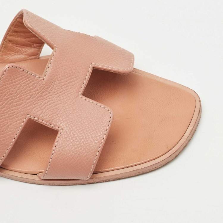 Pre Owned Hermes Pink Leather Oran Flat Slides Size 38
