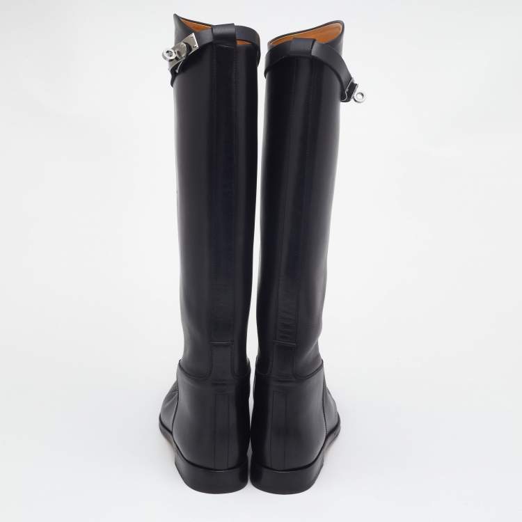 Pre Owned Hermes Black Leather  H Jumping Knee Length Boots Size 38