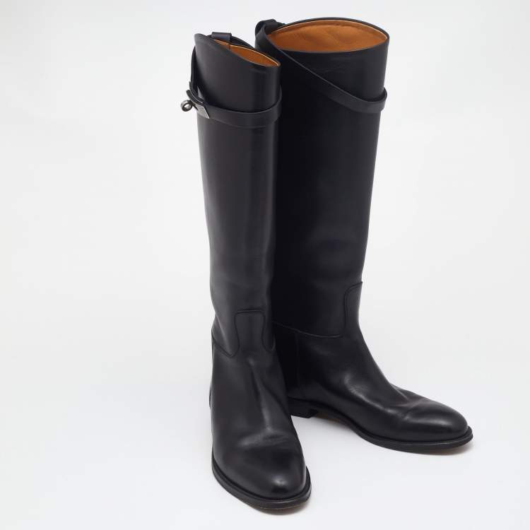 Pre Owned Hermes Black Leather  H Jumping Knee Length Boots Size 38
