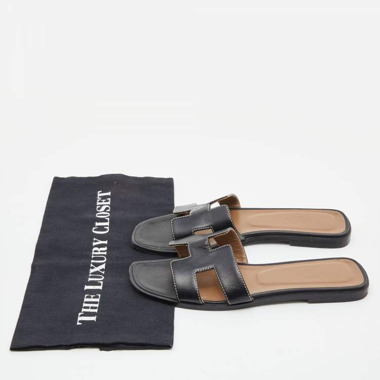 Pre Owned Hermes Black Leather Oran Flat Slides Size 38
