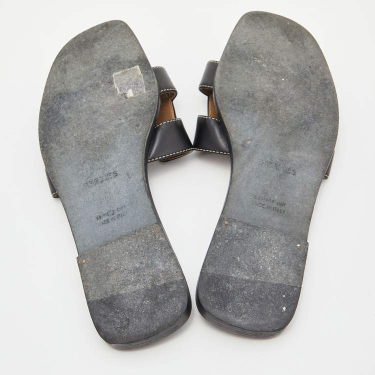 Pre Owned Hermes Black Leather Oran Flat Slides Size 38