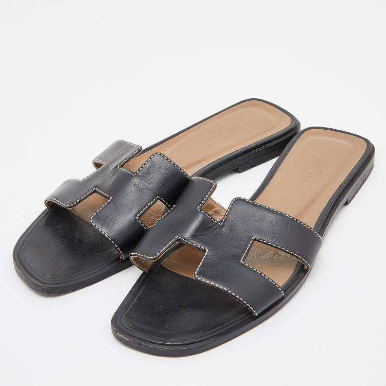 Pre Owned Hermes Black Leather Oran Flat Slides Size 38