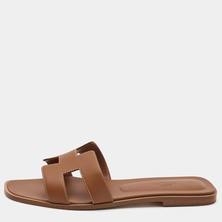 Pre Owned Hermes Brown Leather Oran Flat Slides Size 41