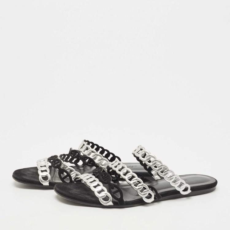 Pre Owned Hermes Black/Silver Leather and Suede Chaine d'Ancre Flat Slides Size 38 