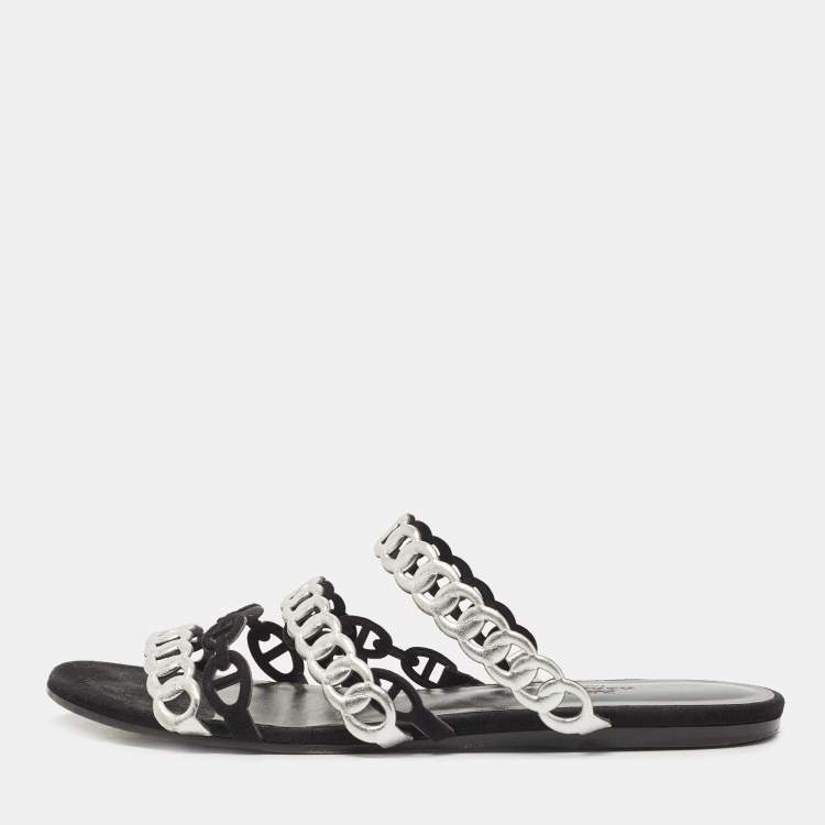 Pre Owned Hermes Black/Silver Leather and Suede Chaine d'Ancre Flat Slides Size 38 