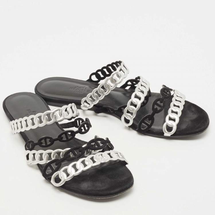 Pre Owned Hermes Black/Silver Leather and Suede Chaine d'Ancre Flat Slides Size 38 