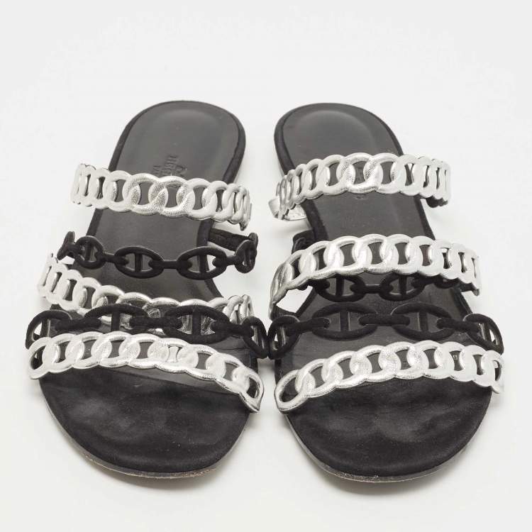 Pre Owned Hermes Black/Silver Leather and Suede Chaine d'Ancre Flat Slides Size 38 