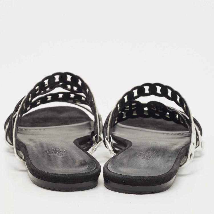 Pre Owned Hermes Black/Silver Leather and Suede Chaine d'Ancre Flat Slides Size 38 