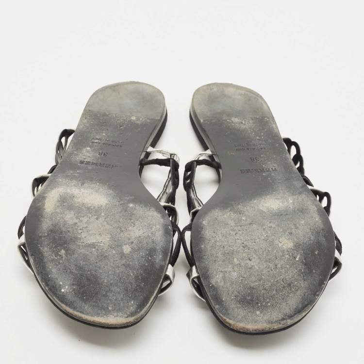 Pre Owned Hermes Black/Silver Leather and Suede Chaine d'Ancre Flat Slides Size 38 