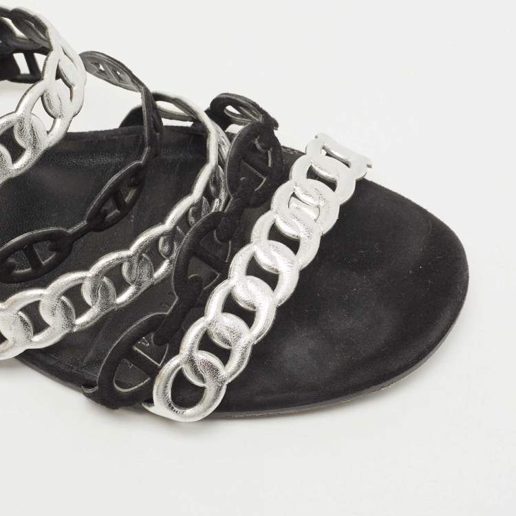 Pre Owned Hermes Black/Silver Leather and Suede Chaine d'Ancre Flat Slides Size 38 