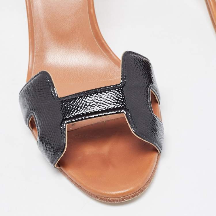 Pre Owned Hermes Black/Brown Patent and Leather Premiere Sandals Size 38