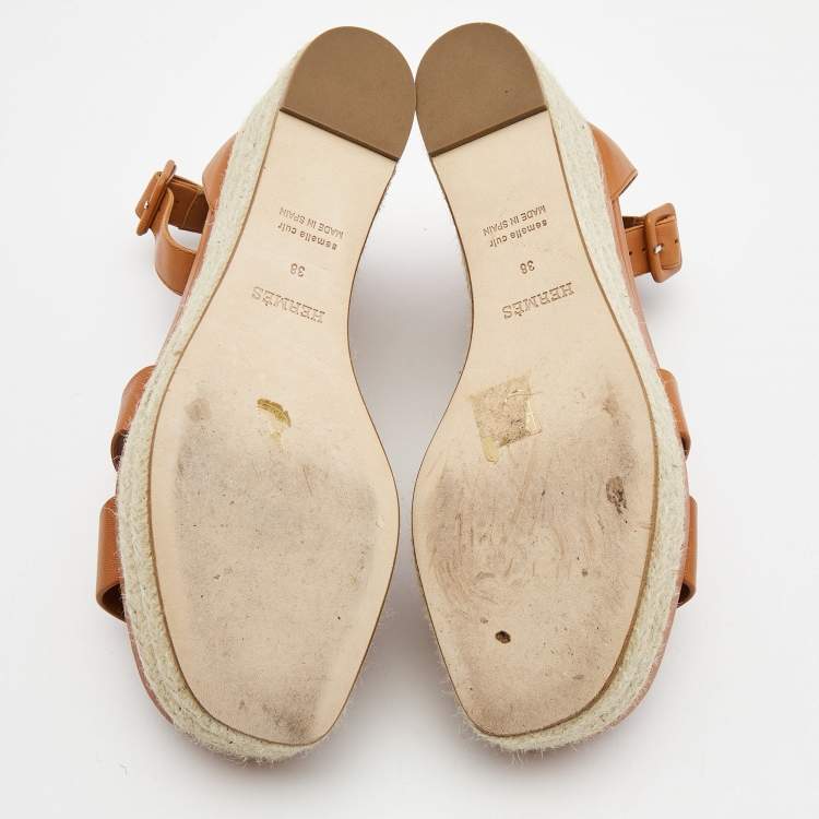 Pre Owned Hermes Tan Leather Elda Espadrille Sandals Size 38