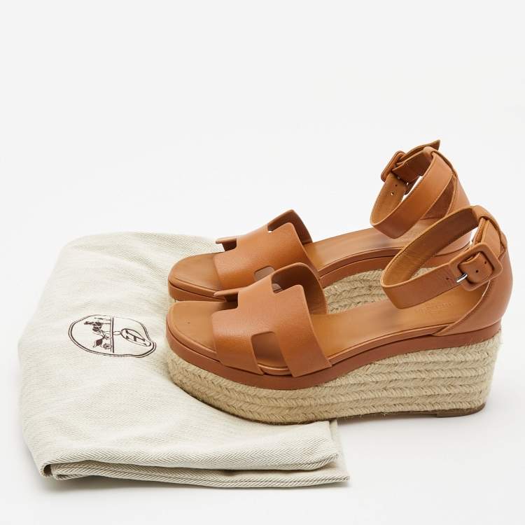 Pre Owned Hermes Tan Leather Elda Espadrille Sandals Size 38