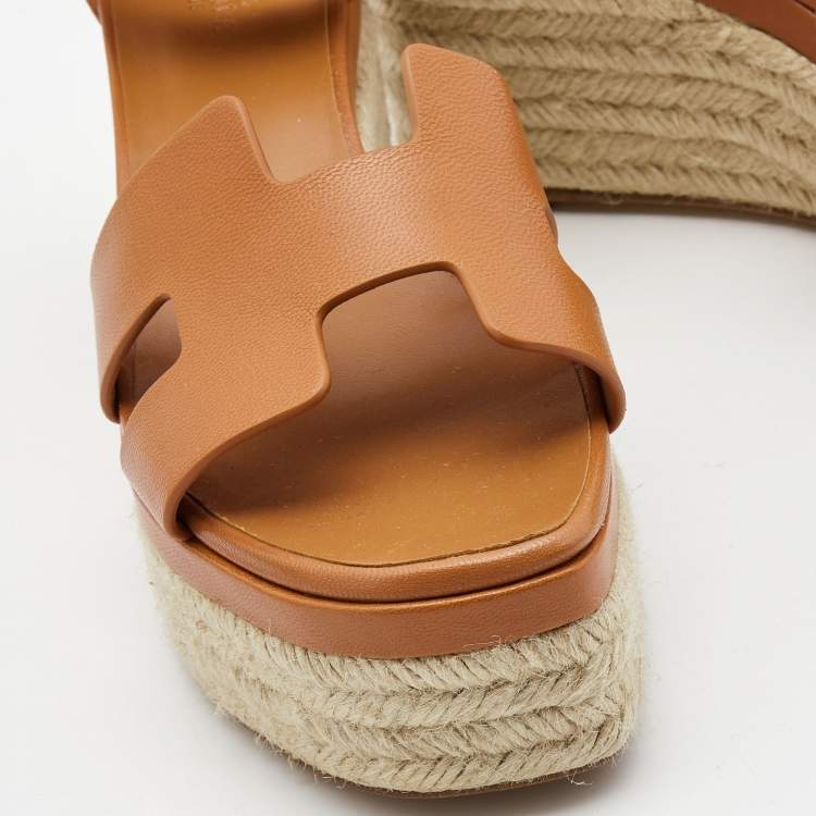 Pre Owned Hermes Tan Leather Elda Espadrille Sandals Size 38