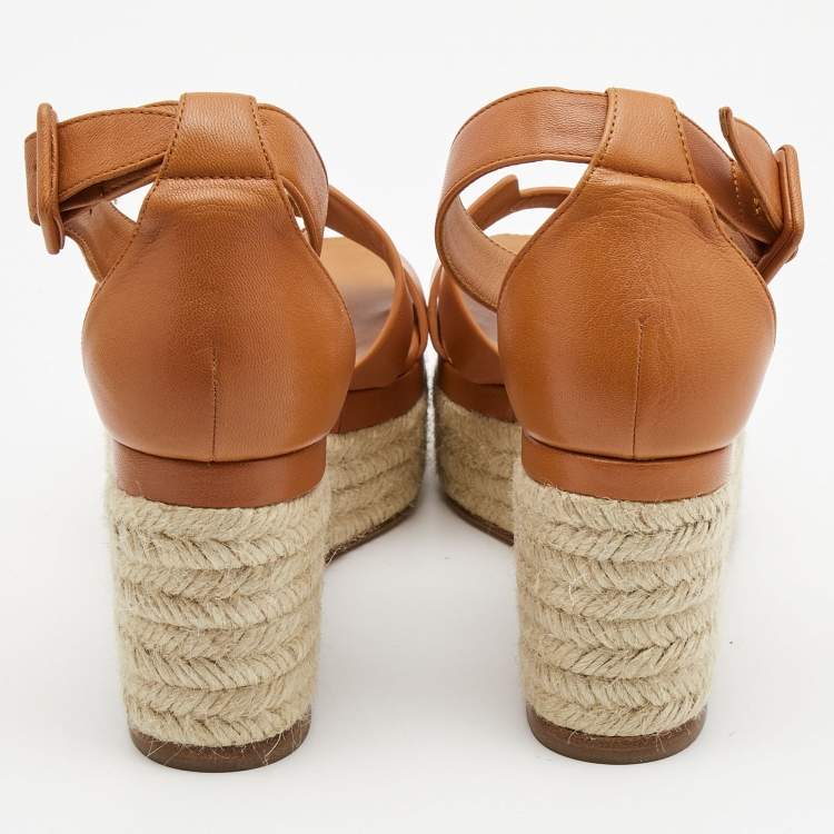 Pre Owned Hermes Tan Leather Elda Espadrille Sandals Size 38