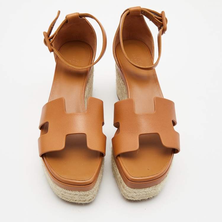 Pre Owned Hermes Tan Leather Elda Espadrille Sandals Size 38