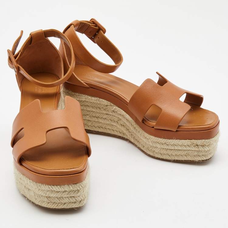 Pre Owned Hermes Tan Leather Elda Espadrille Sandals Size 38