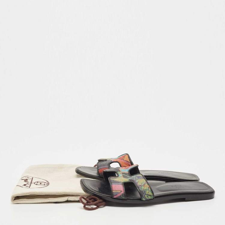 Pre Owned Hermes Multicolor Modernisme Tropical Print Canvas Oran Flat Slides Size 38.5