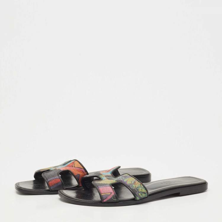 Pre Owned Hermes Multicolor Modernisme Tropical Print Canvas Oran Flat Slides Size 38.5