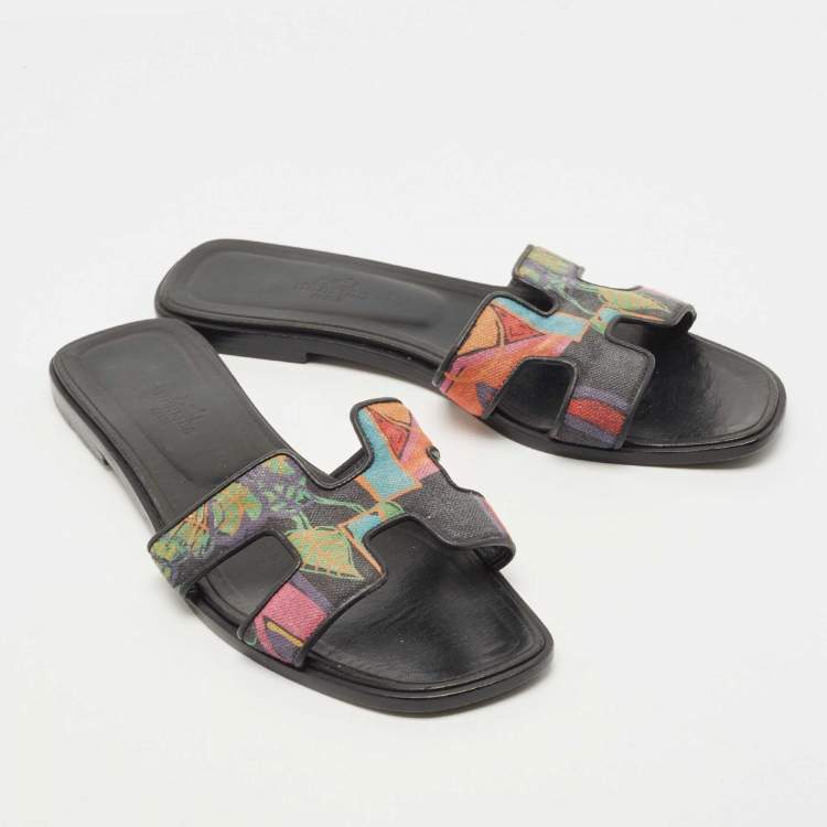 Pre Owned Hermes Multicolor Modernisme Tropical Print Canvas Oran Flat Slides Size 38.5