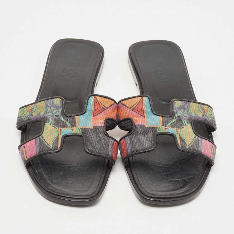 Pre Owned Hermes Multicolor Modernisme Tropical Print Canvas Oran Flat Slides Size 38.5