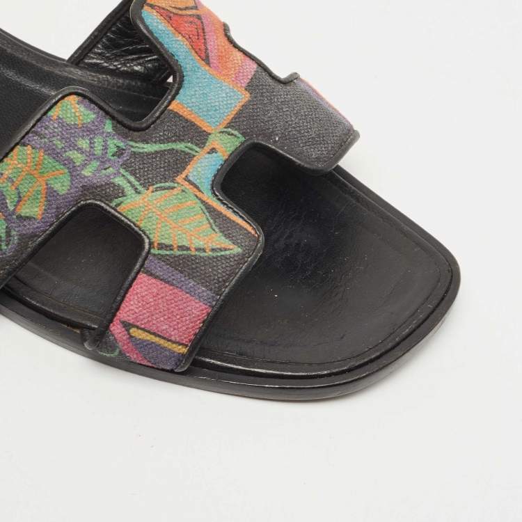 Pre Owned Hermes Multicolor Modernisme Tropical Print Canvas Oran Flat Slides Size 38.5