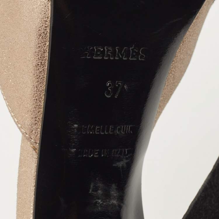 Pre Owned Hermes Black/Gold Metallic Suede Premiere 70 Sandals Size 37