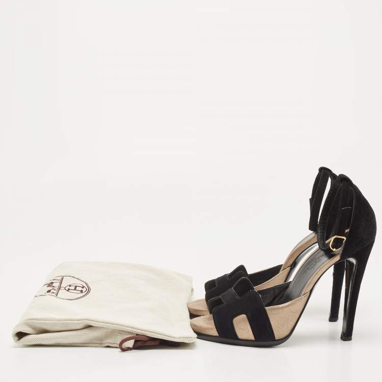 Pre Owned Hermes Black/Gold Metallic Suede Premiere 70 Sandals Size 37