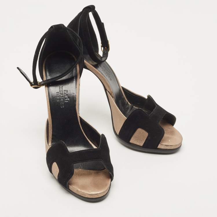 Pre Owned Hermes Black/Gold Metallic Suede Premiere 70 Sandals Size 37