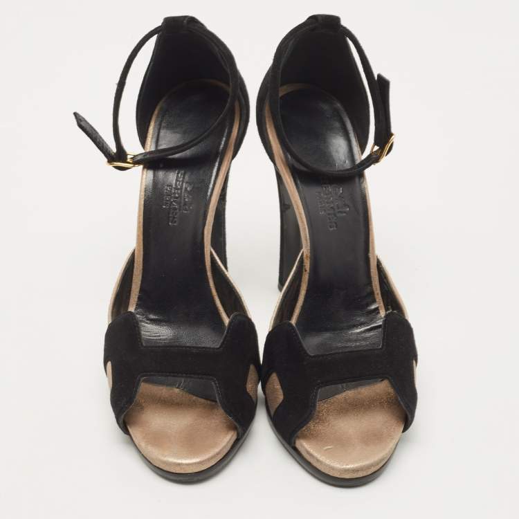 Pre Owned Hermes Black/Gold Metallic Suede Premiere 70 Sandals Size 37
