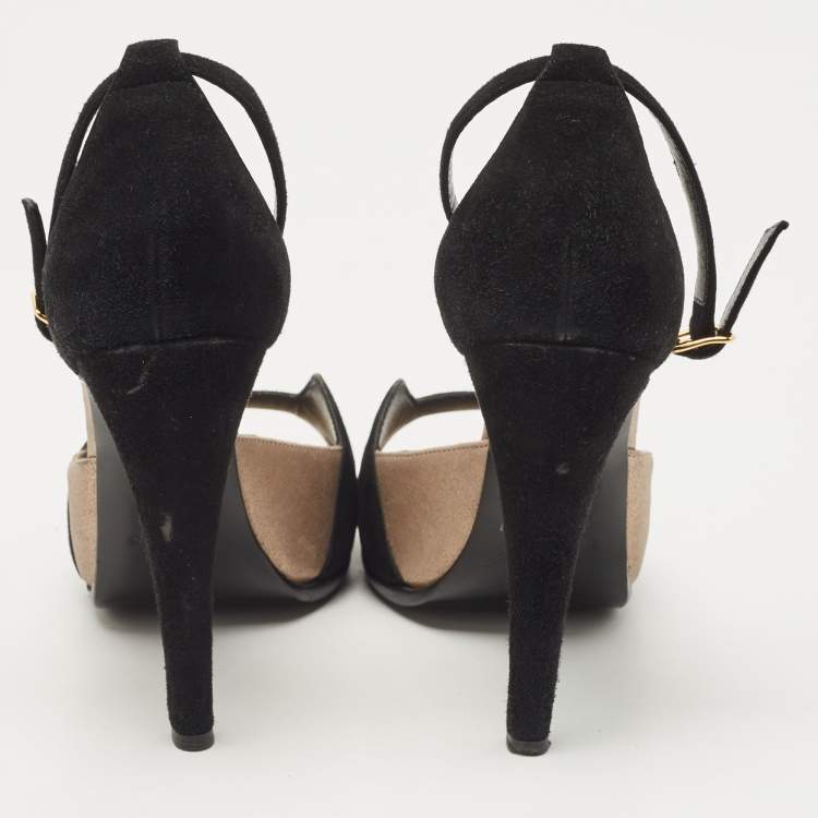 Pre Owned Hermes Black/Gold Metallic Suede Premiere 70 Sandals Size 37